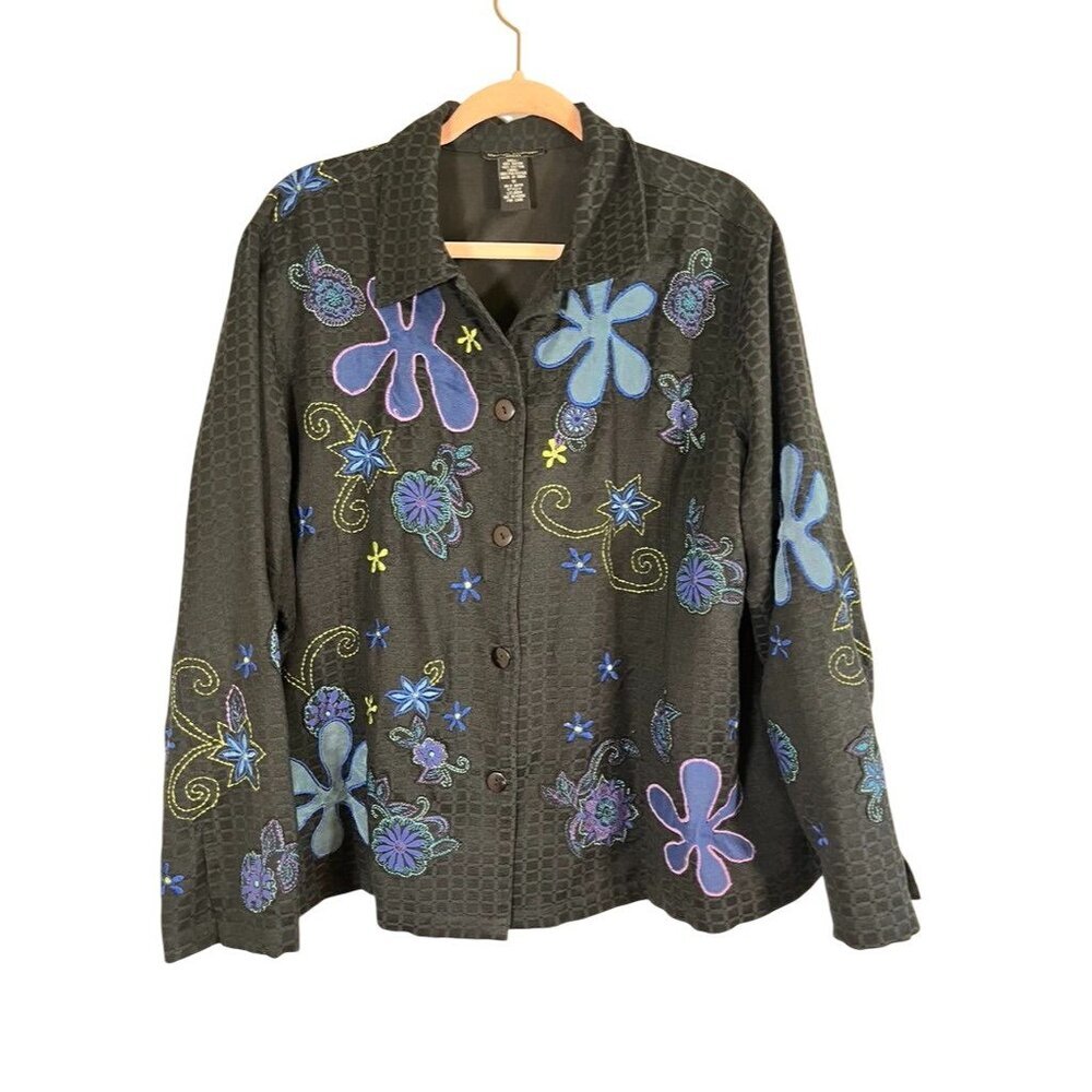Retro Floral Embroidery Jacket Black 1X Disco Funky Edgy Boho Western Chic Artsy